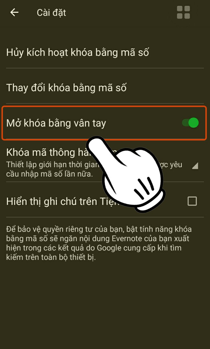 Bật mở khóa bằng vân tay