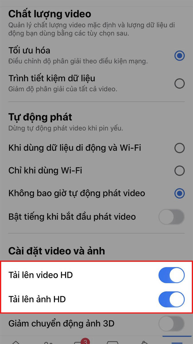 Bật tải lên HD trên Facebook iOS