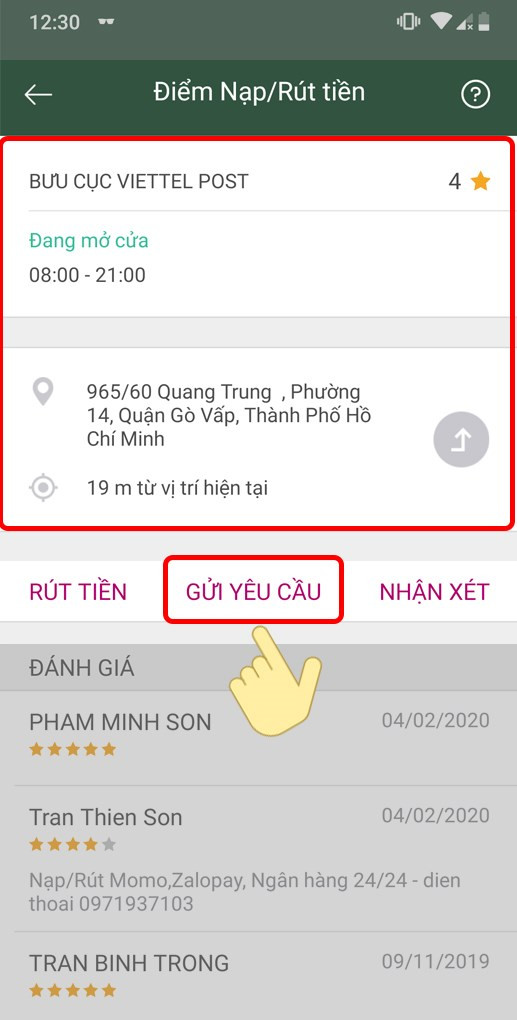 Bước 3: Bấm vào địa chỉ bạn muốn giao dịch, tại đây bạn có thể xem được đánh giá cũng như gửi yêu cầu giao dịch đến địa điểm đó.