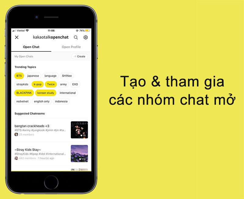 Các chủ đề của nhóm chat mở trên ứng dụng KaKaoTalk