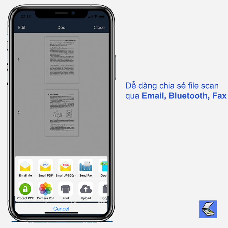 Chia sẻ file scan qua email, bluetooth và các dịch vụ lưu trữ trực tuyến