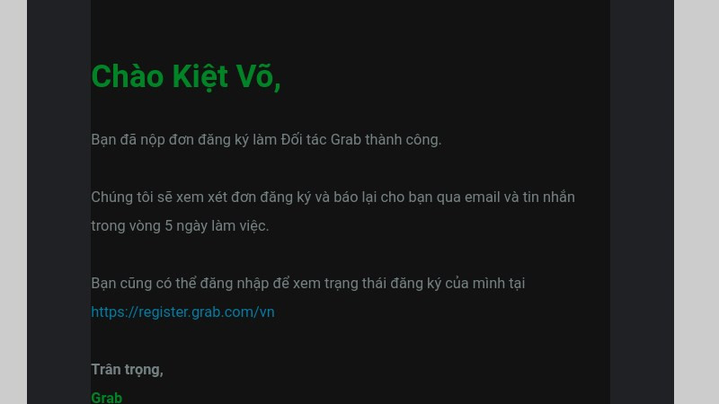 Chờ email thông báo GrabBike