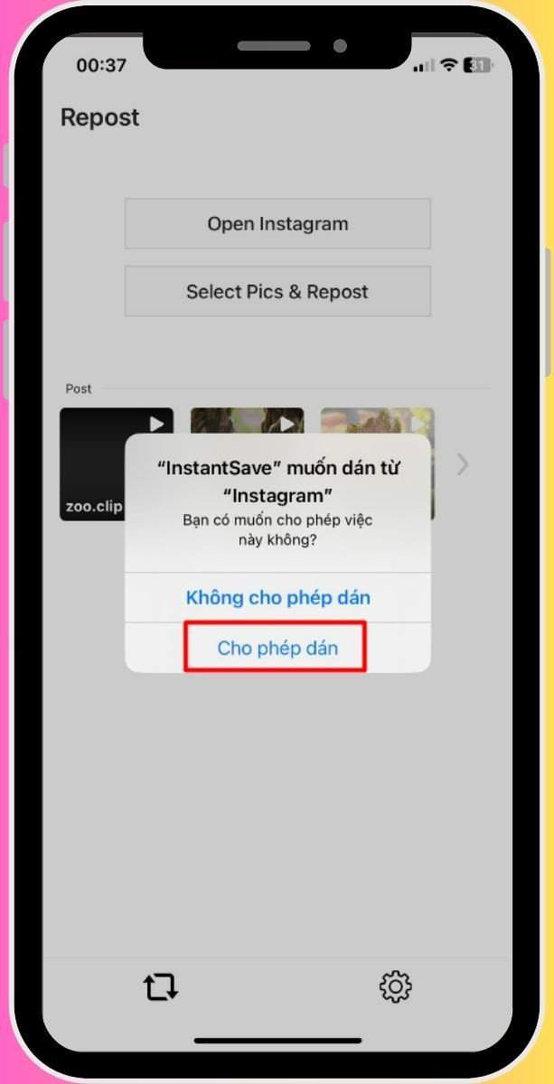 Cho phép dán liên kết trong Instant Save