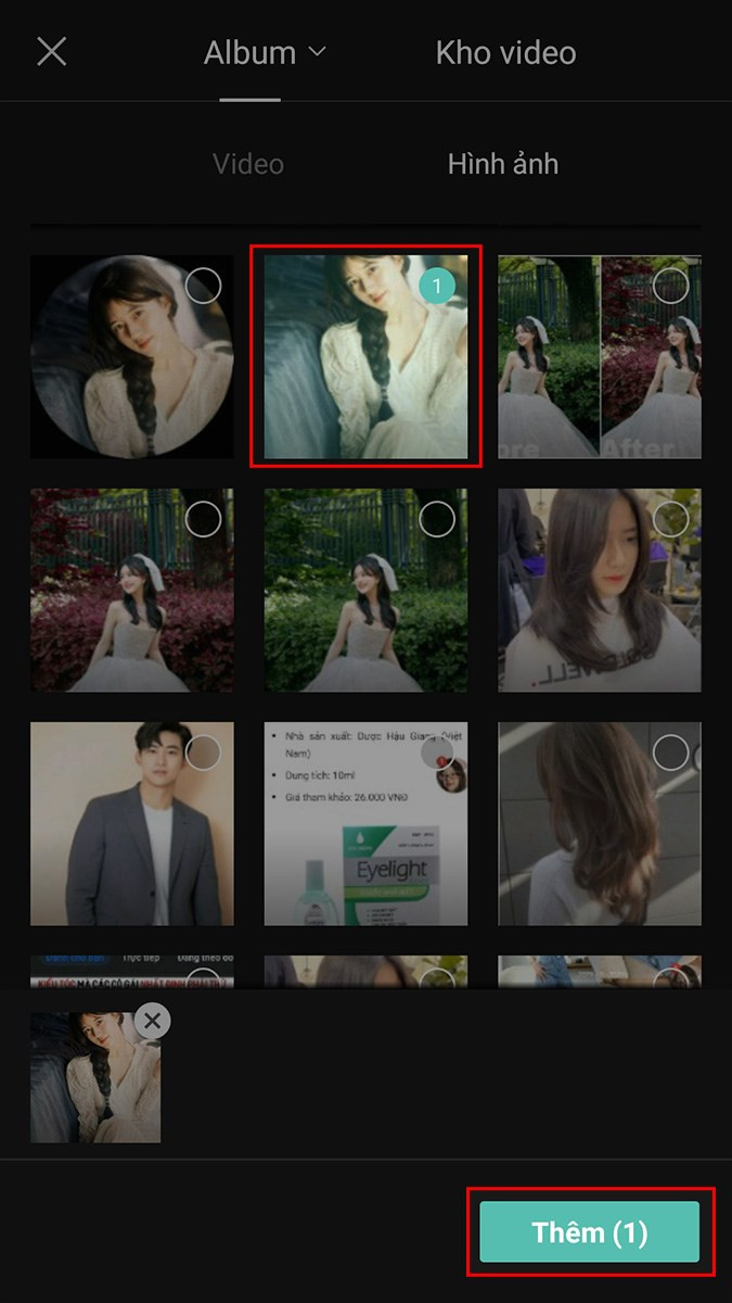 Chọn ảnh mà bạn muốn ghép nhạc vào ảnh trên Capcut > Chọn Thêm