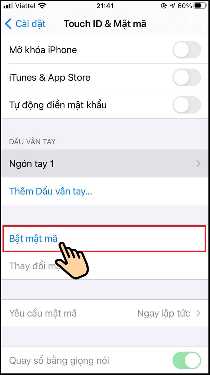 Chọn Bật mật mã