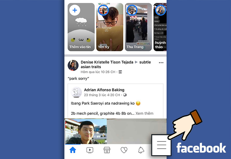 Chọn biểu tượng 3 gạch ngang trên Facebook