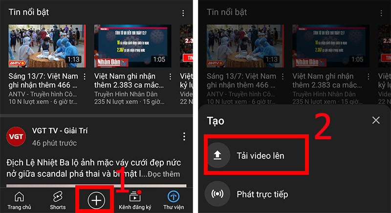 Chọn biểu tượng dấu cộng rồi nhấn Tải video l&ecirc;n