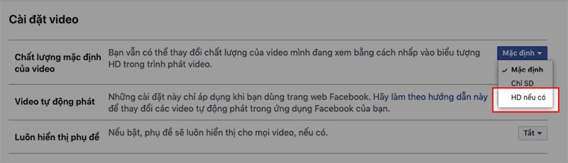 Chọn chất lượng HD trên Facebook máy tính