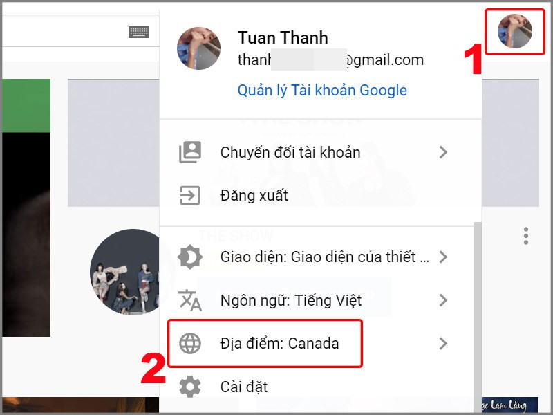 Chọn địa điểm YouTube trên máy tính