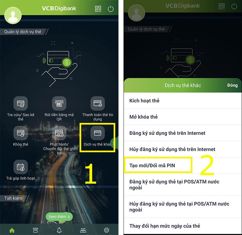 Chọn Dịch vụ thẻ khác rồi chọn Tạo mới/Đổi mã PIN
