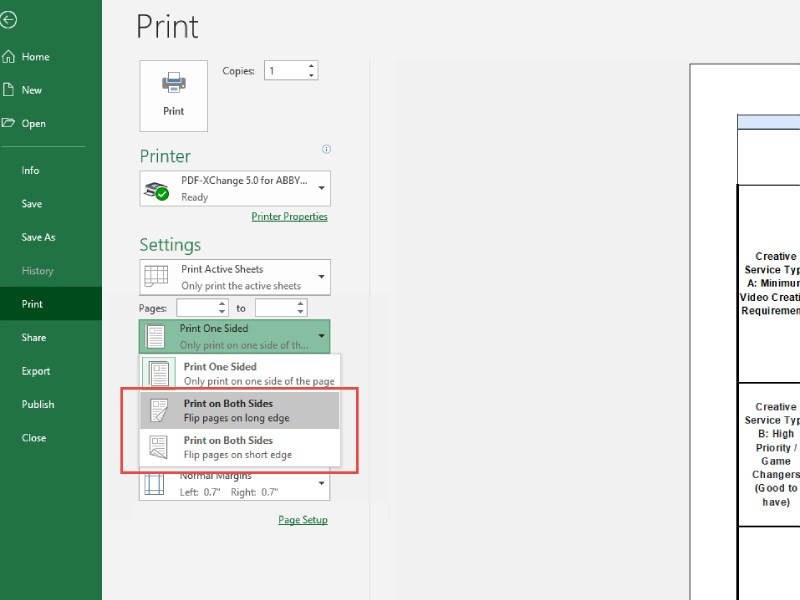 Chọn in hai mặt trong Excel