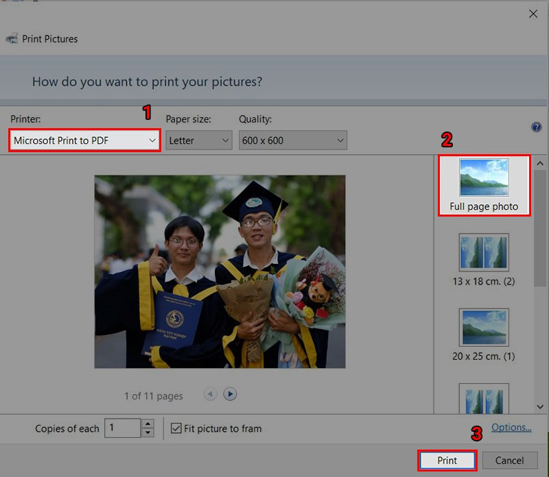 Chọn Microsoft Print to PDF và in ảnh