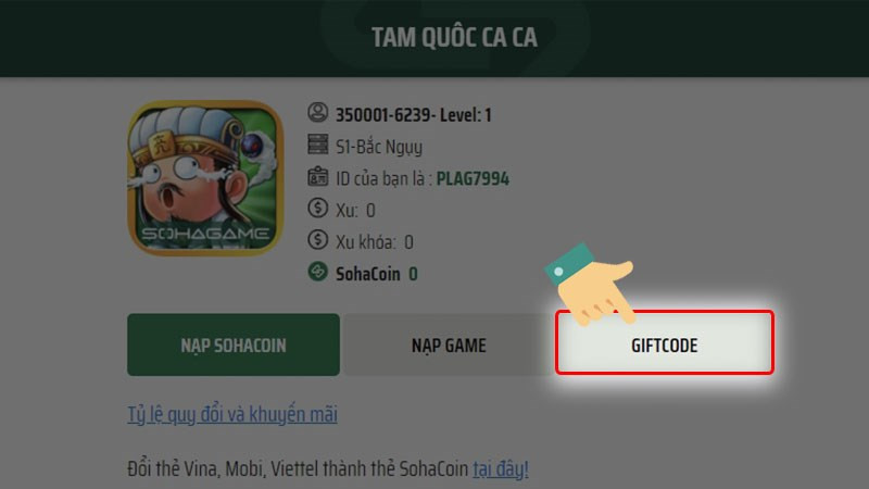 Chọn mục Giftcode