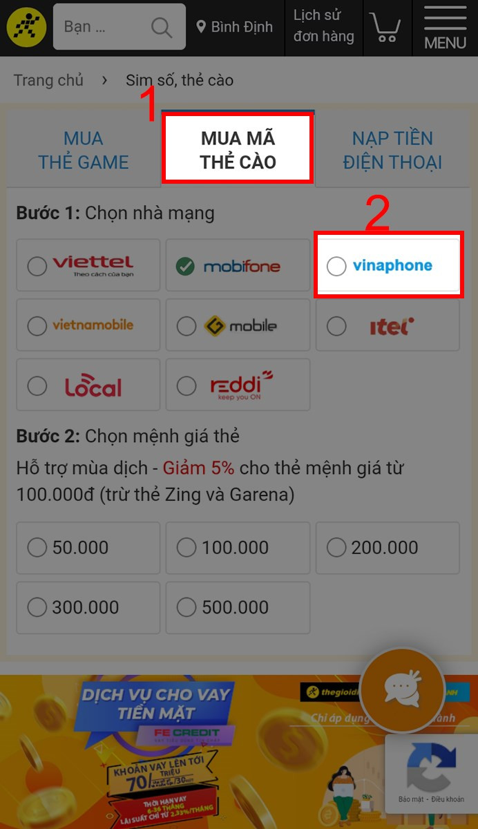 Chọn mục Mua mã thẻ cào và chọn nhà mạng VinaPhone