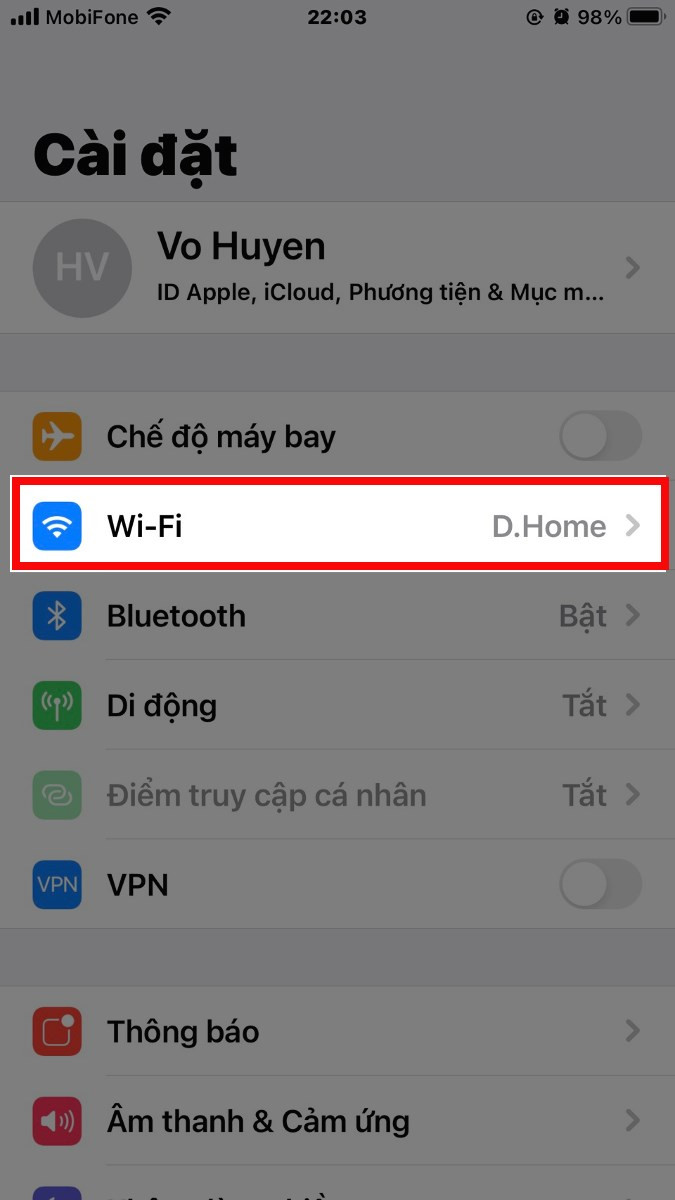 Chọn mục Wifi