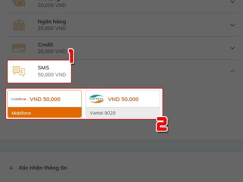 Chọn nạp qua SMS