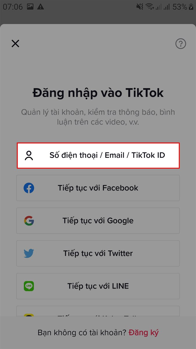 Chọn Số điện thoại/Email/TikTok ID