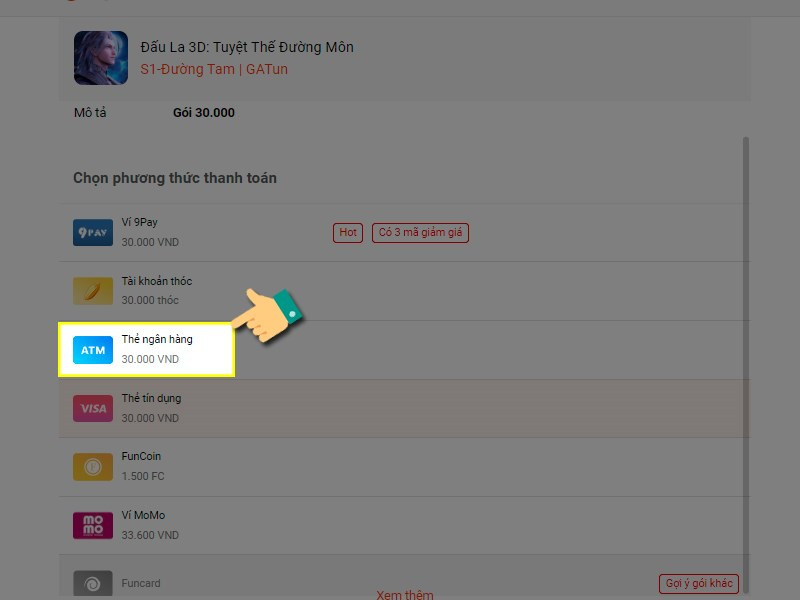 Chọn thanh toán qua thẻ ngân hàng