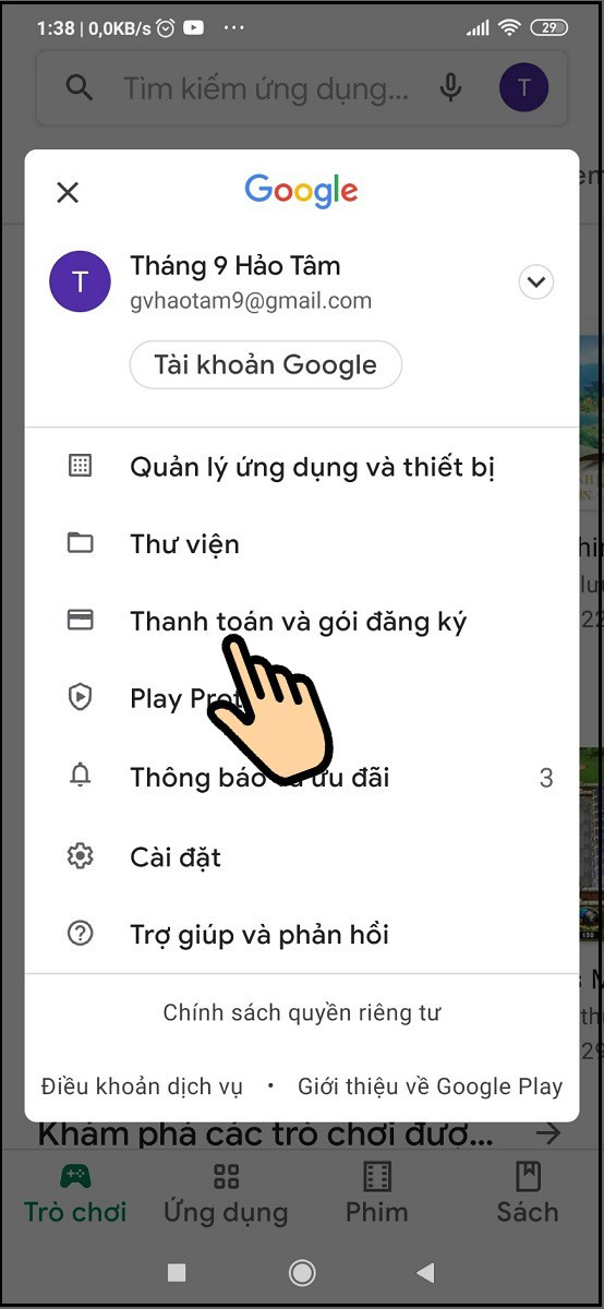 Chọn Thanh toán và gói đăng ký