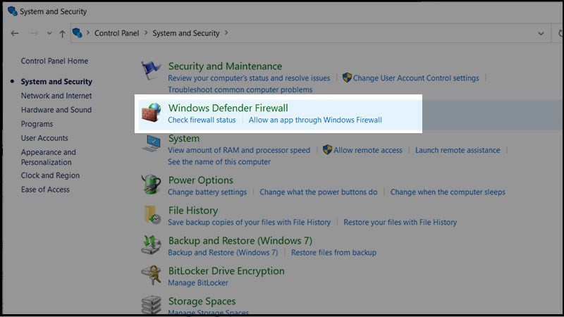 Chọn tiếp vào mục Windows Defender Firewall