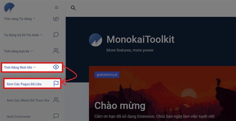 Chọn Tính năng rình mò , Chọn Xem các pages đã like