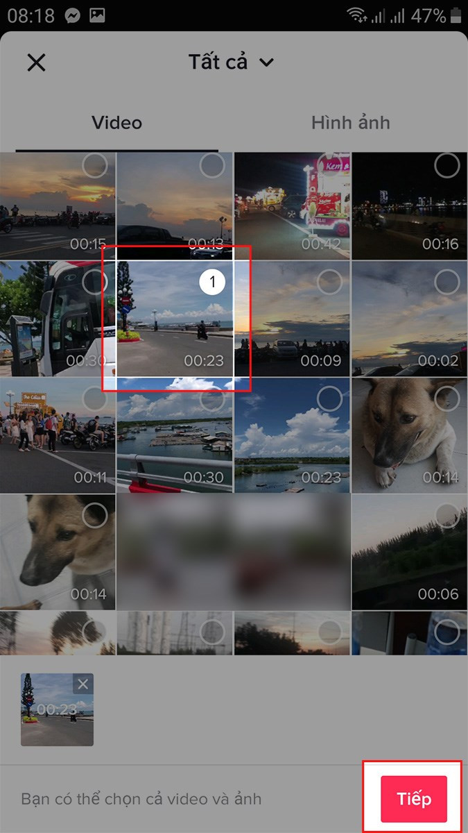 Chọn video và nhấn Tiếp