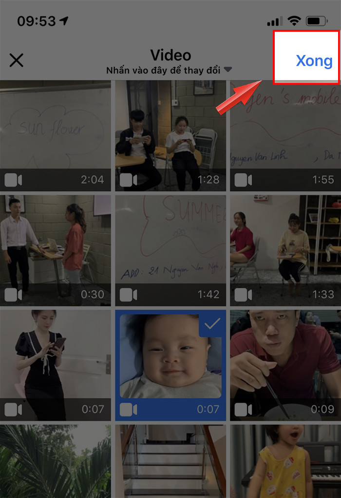 Chọn video và nhấn Xong