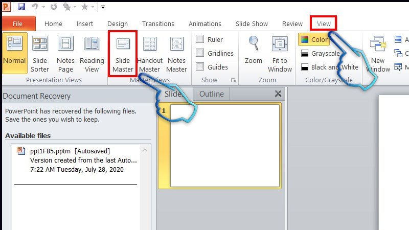 Chuyển sang tab View và chọn Slide Master