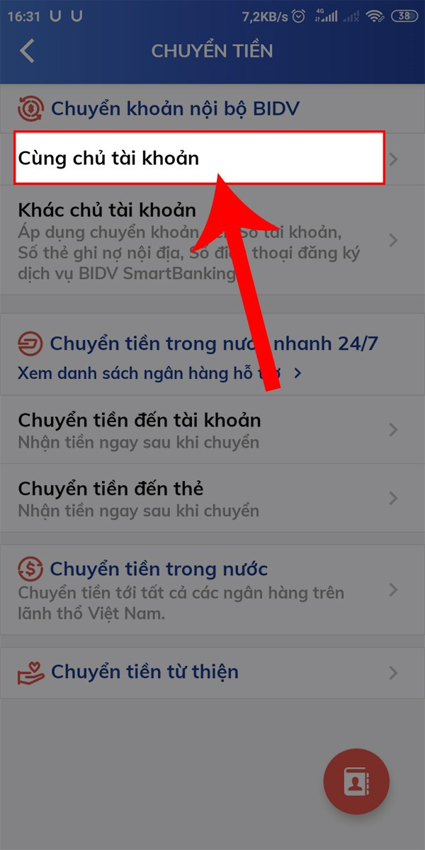 Chuyển tiền cùng chủ tài khoản