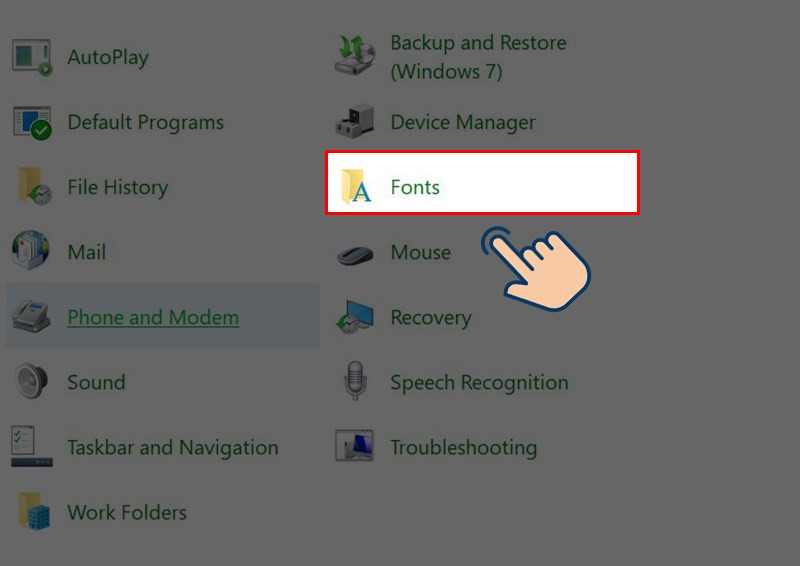 Cửa sổ Fonts trong Control Panel