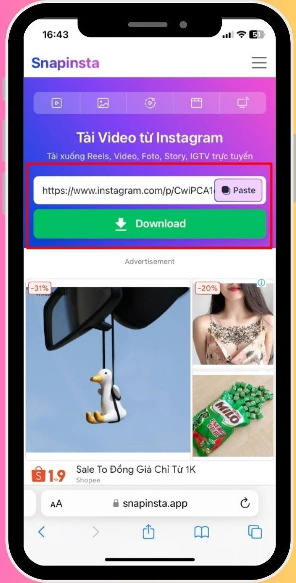 Dán liên kết vào SnapInsta và tải xuống