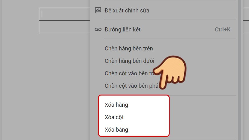 Để con trỏ chuột vào bảng muốn xóa, nhấn chuột phải và chọn Xóa bảng, Xóa hàng hoặc Xóa cột