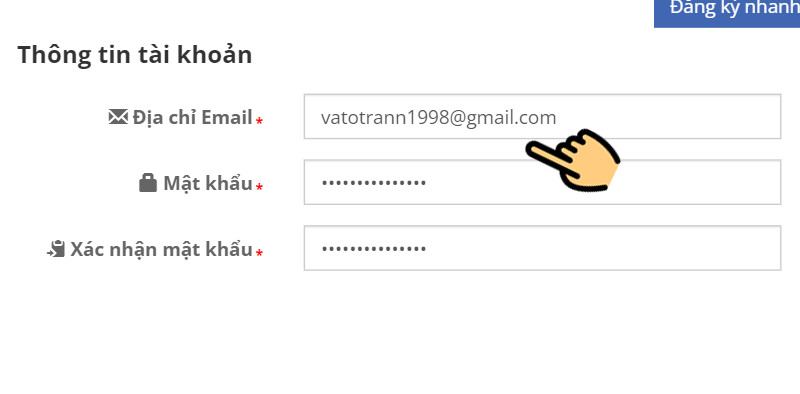 Điền địa chỉ email cá nhân, đặt mật khẩu