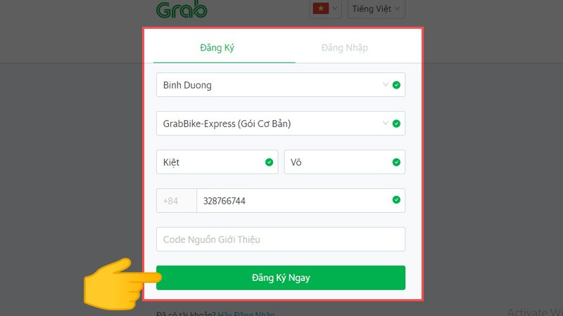 Điền thông tin đăng ký GrabBike