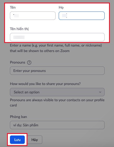 Đổi tên trong hồ sơ Zoom trên máy tính