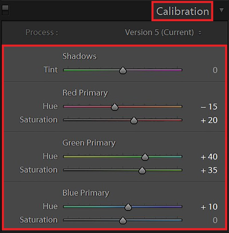 Giao diện mục Calibration trong Lighroom phiên bản máy tính