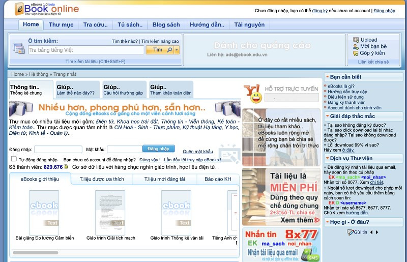 Giao diện trang web Ebook.edu