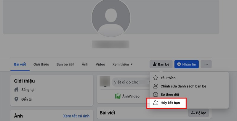 Hủy kết bạn trên máy tính