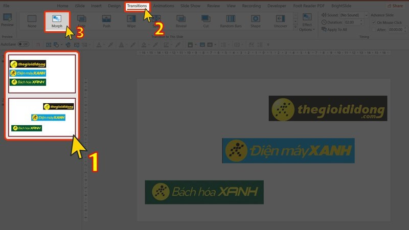 Kích hoạt hiệu ứng Morph trong PowerPoint