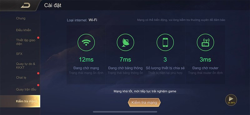 Kiểm tra kết nối mạng trong cài đặt game