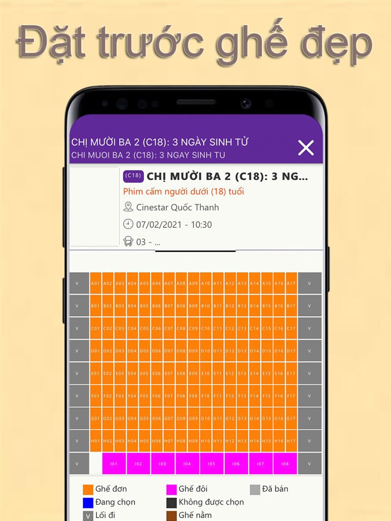 Lựa chọn ghế ngồi trên ứng dụng Cinestar