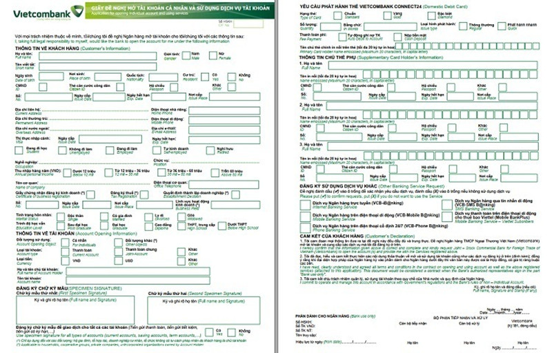 Mẫu đơn đăng k&yacute; thẻ VISA Vietcombank