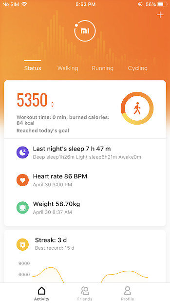 Mi Fit hiển thị dữ liệu sức khỏe