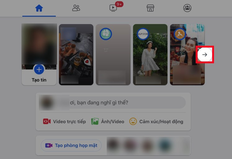 Mở Facebook trên máy tính > Nhấn vào biểu tượng mũi tên bên phải mục Tin