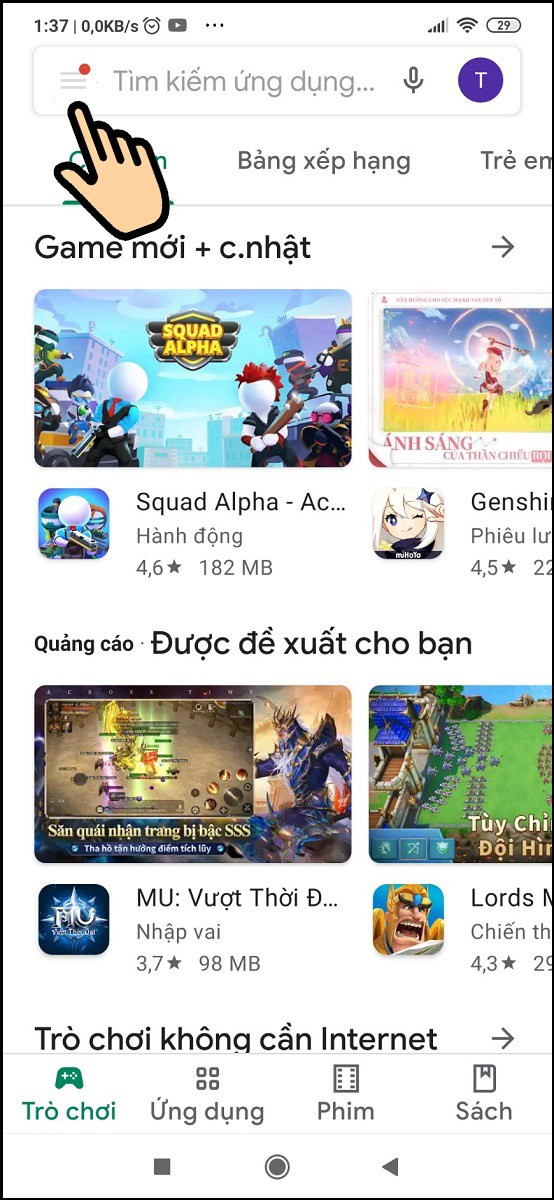 Mở Google Play và chọn menu