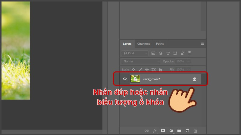 Mở hình ảnh trong Photoshop muốn tạo mặt nạ sau đó nhấn đúp vào tên hoặc nhấp một lần vào biểu tượng khóa