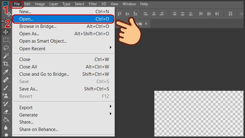 Mở Photoshop, chọn File > Open