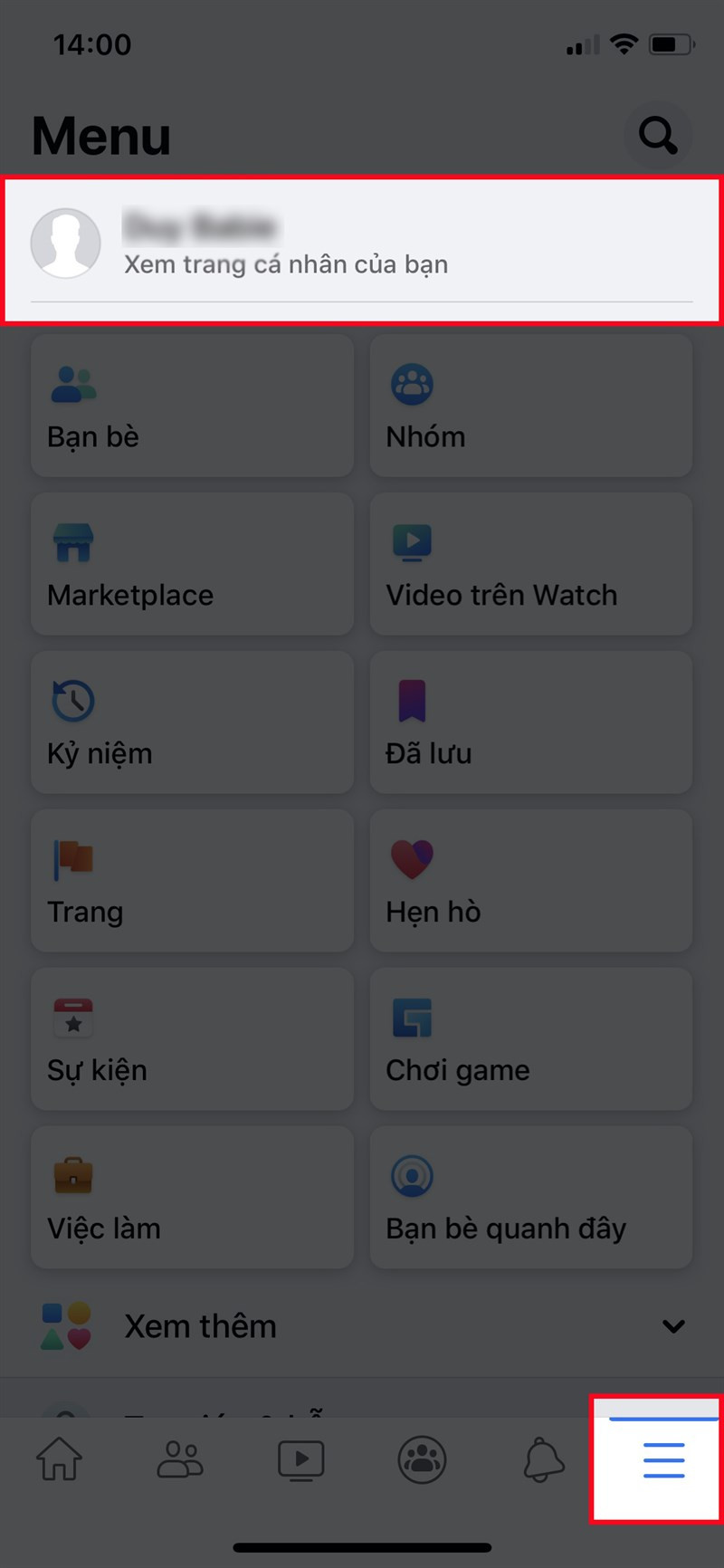 Mở ứng dụng Facebook, nhấn vào biểu tượng 3 dấu gạch ở góc dưới bên phải > Nhấn vào trang cá nhân của bạn.