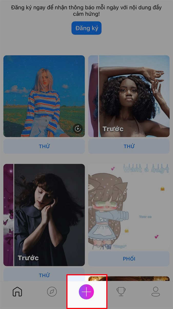 Mở ứng dụng PicsArt, nhấn vào biểu tượng dấu cộng màu tím ở giữa phía dưới > Chọn ảnh mà bạn muốn làm ảnh đầu to