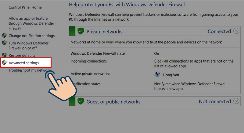 Mở Windows Defender Firewall with Advanced Security